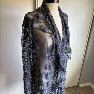 Kyla Seo Medium blue gray floral lace see through sheer cardigan duster cover up